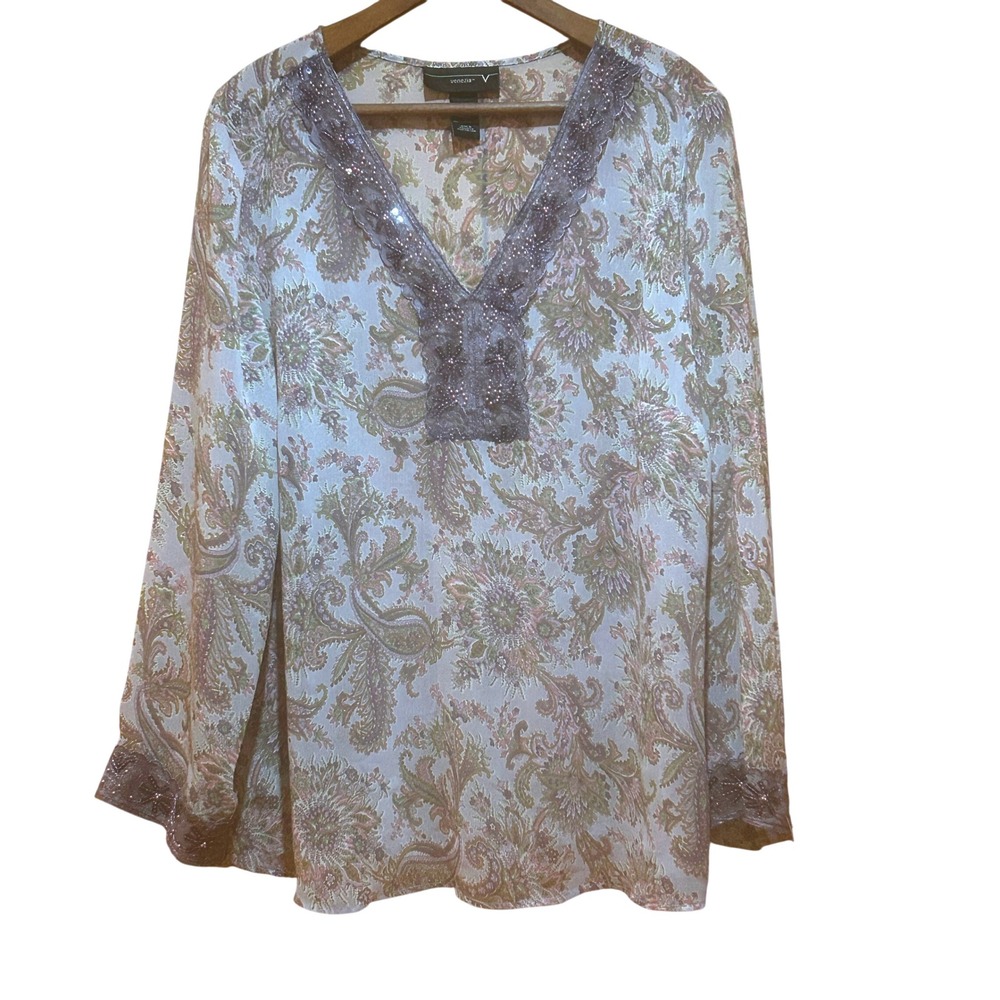 Venezia Blouse Womens 18 20 Sheer Paisley Print Beaded Trim Gray Pink Fairy Boho